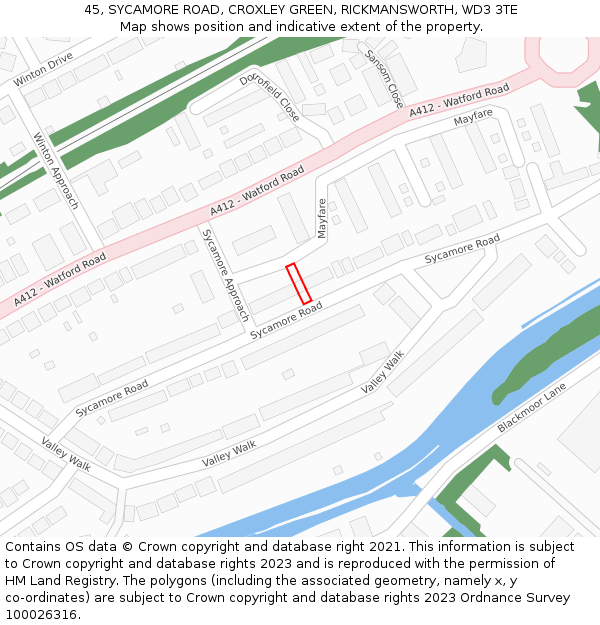 45, SYCAMORE ROAD, CROXLEY GREEN, RICKMANSWORTH, WD3 3TE: Location map and indicative extent of plot
