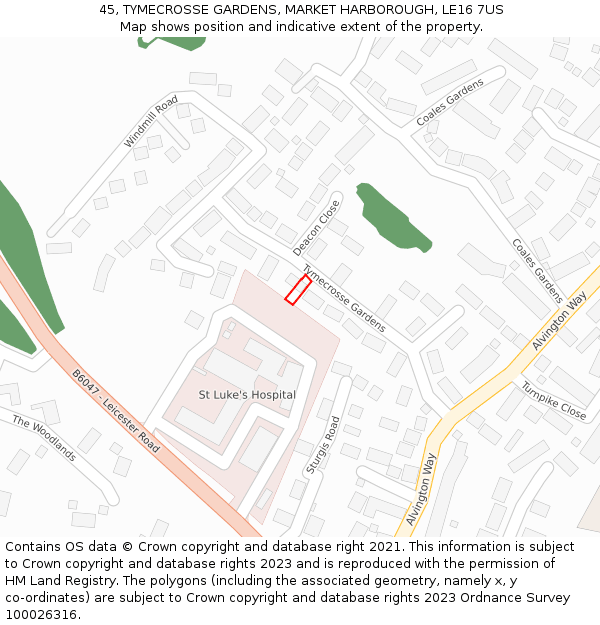 45, TYMECROSSE GARDENS, MARKET HARBOROUGH, LE16 7US: Location map and indicative extent of plot