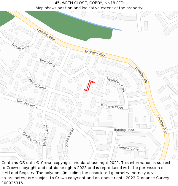 45, WREN CLOSE, CORBY, NN18 8FD: Location map and indicative extent of plot