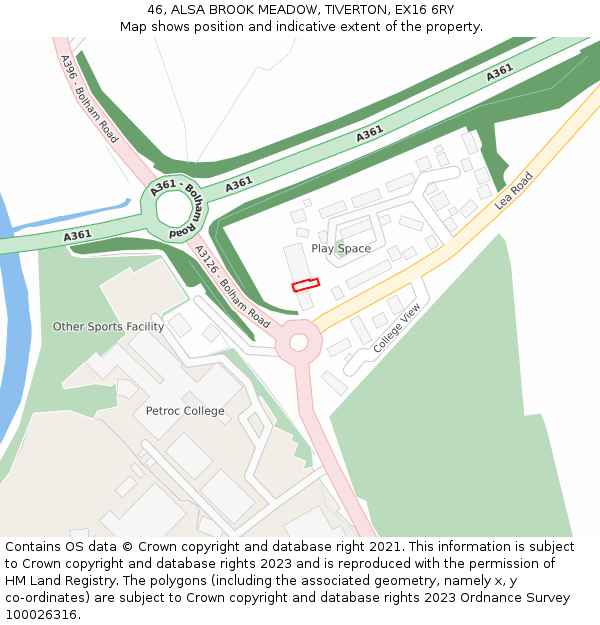 46, ALSA BROOK MEADOW, TIVERTON, EX16 6RY: Location map and indicative extent of plot