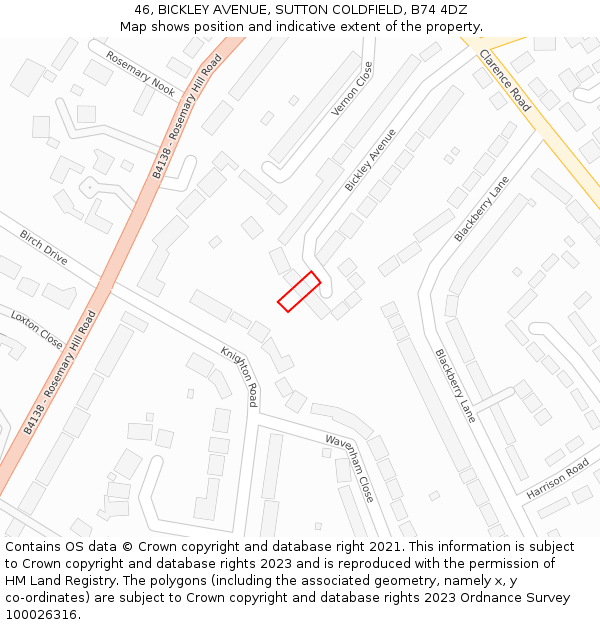 46, BICKLEY AVENUE, SUTTON COLDFIELD, B74 4DZ: Location map and indicative extent of plot