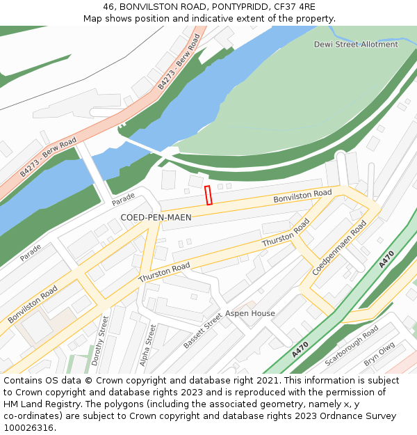 46, BONVILSTON ROAD, PONTYPRIDD, CF37 4RE: Location map and indicative extent of plot