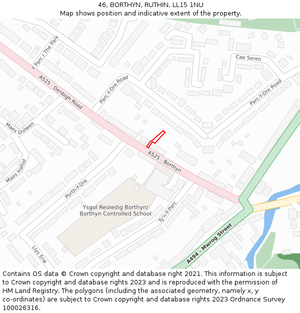 46, BORTHYN, RUTHIN, LL15 1NU: Location map and indicative extent of plot