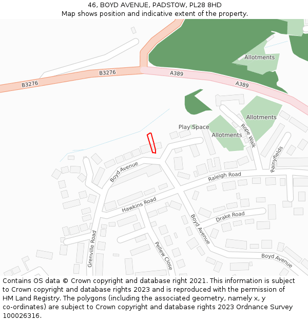 46, BOYD AVENUE, PADSTOW, PL28 8HD: Location map and indicative extent of plot