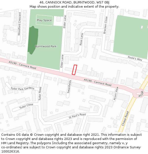 46, CANNOCK ROAD, BURNTWOOD, WS7 0BJ: Location map and indicative extent of plot