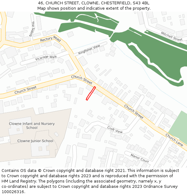 46, CHURCH STREET, CLOWNE, CHESTERFIELD, S43 4BL: Location map and indicative extent of plot