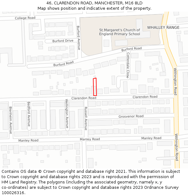 46, CLARENDON ROAD, MANCHESTER, M16 8LD: Location map and indicative extent of plot