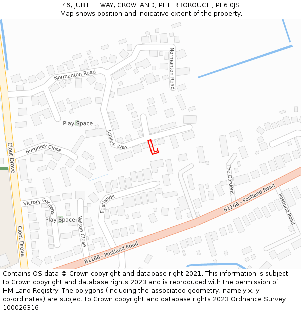 46, JUBILEE WAY, CROWLAND, PETERBOROUGH, PE6 0JS: Location map and indicative extent of plot