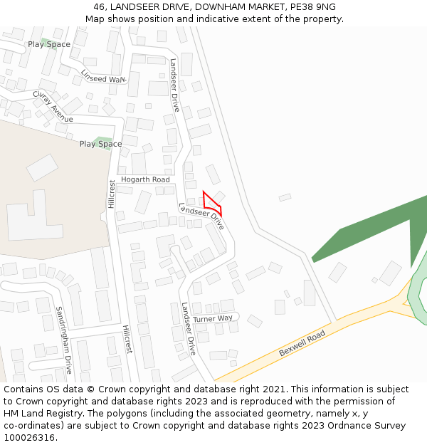46, LANDSEER DRIVE, DOWNHAM MARKET, PE38 9NG: Location map and indicative extent of plot