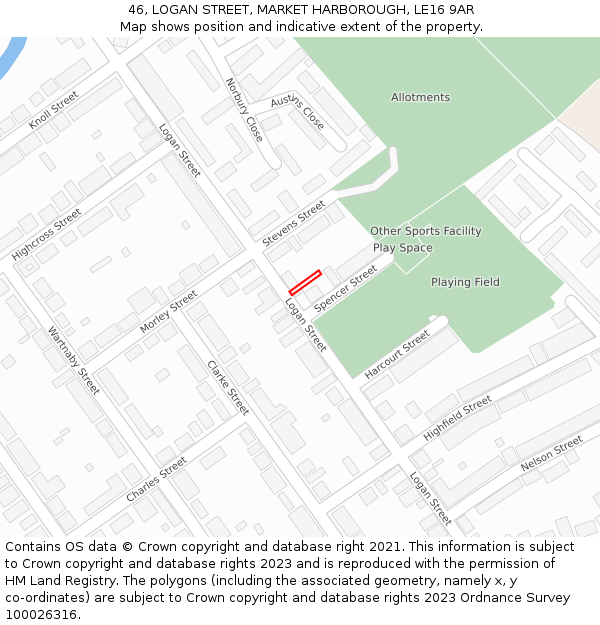 46, LOGAN STREET, MARKET HARBOROUGH, LE16 9AR: Location map and indicative extent of plot