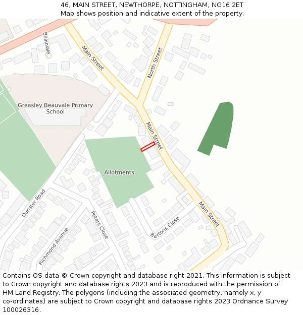46, MAIN STREET, NEWTHORPE, NOTTINGHAM, NG16 2ET: Location map and indicative extent of plot