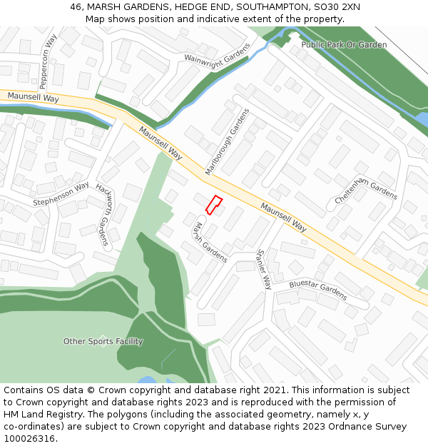 46, MARSH GARDENS, HEDGE END, SOUTHAMPTON, SO30 2XN: Location map and indicative extent of plot