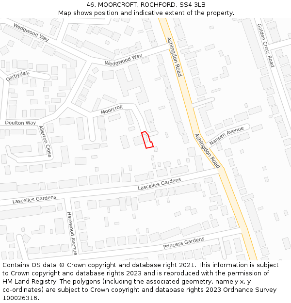 46, MOORCROFT, ROCHFORD, SS4 3LB: Location map and indicative extent of plot