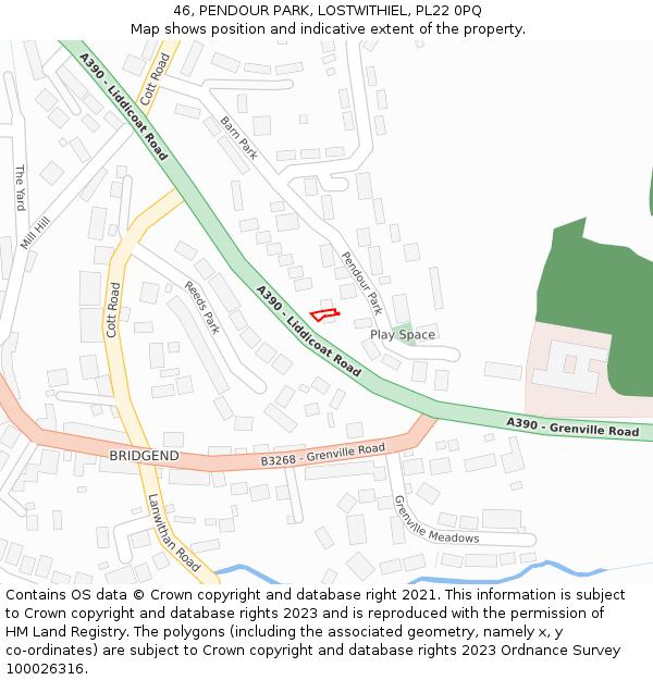 46, PENDOUR PARK, LOSTWITHIEL, PL22 0PQ: Location map and indicative extent of plot