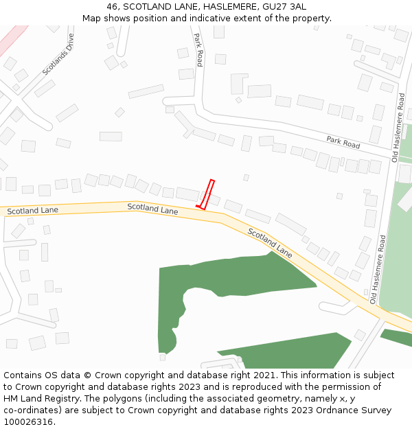 46, SCOTLAND LANE, HASLEMERE, GU27 3AL: Location map and indicative extent of plot