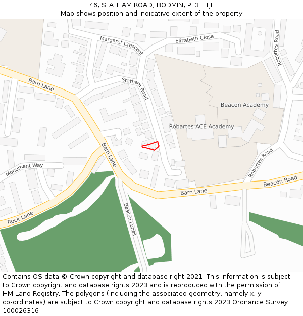 46, STATHAM ROAD, BODMIN, PL31 1JL: Location map and indicative extent of plot