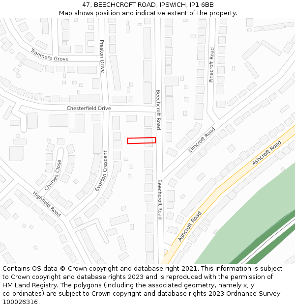 47, BEECHCROFT ROAD, IPSWICH, IP1 6BB: Location map and indicative extent of plot