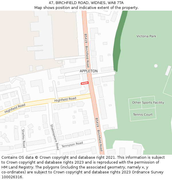 47, BIRCHFIELD ROAD, WIDNES, WA8 7TA: Location map and indicative extent of plot