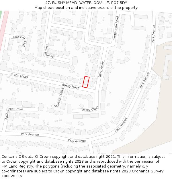 47, BUSHY MEAD, WATERLOOVILLE, PO7 5DY: Location map and indicative extent of plot