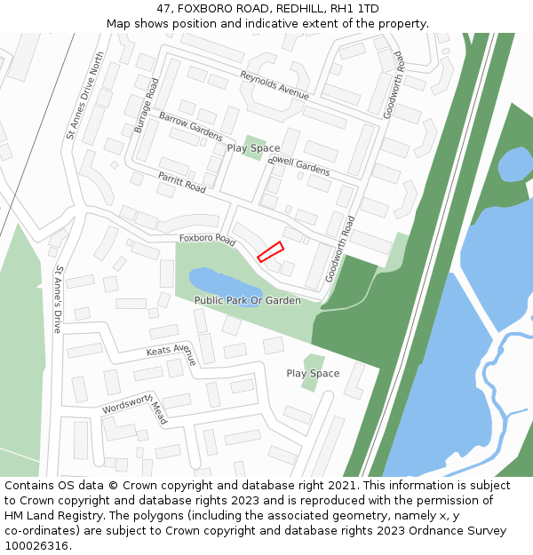 47, FOXBORO ROAD, REDHILL, RH1 1TD: Location map and indicative extent of plot