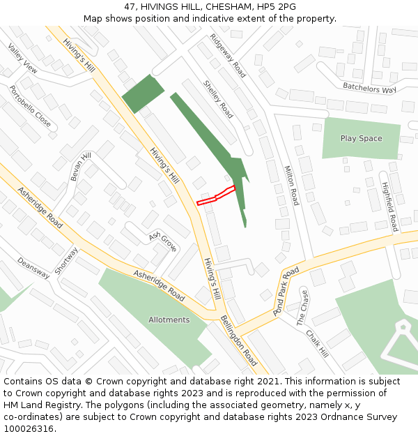 47, HIVINGS HILL, CHESHAM, HP5 2PG: Location map and indicative extent of plot