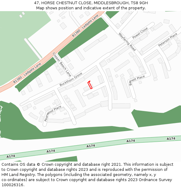 47, HORSE CHESTNUT CLOSE, MIDDLESBROUGH, TS8 9GH: Location map and indicative extent of plot