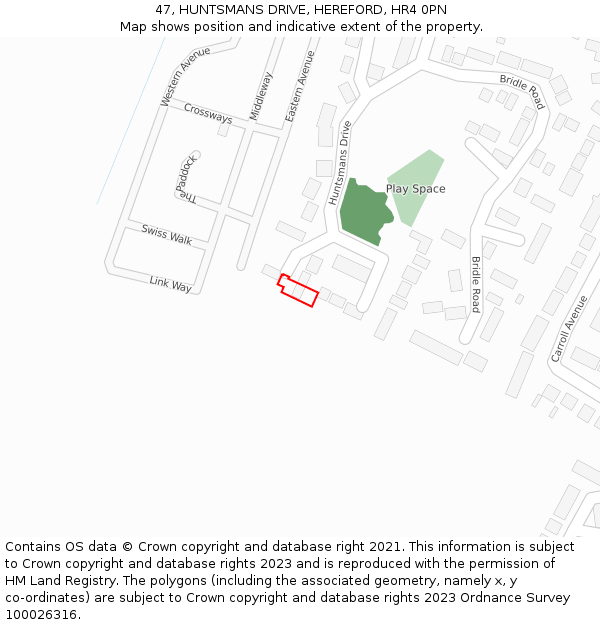 47, HUNTSMANS DRIVE, HEREFORD, HR4 0PN: Location map and indicative extent of plot