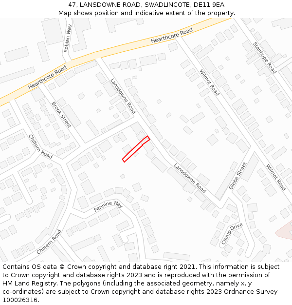 47, LANSDOWNE ROAD, SWADLINCOTE, DE11 9EA: Location map and indicative extent of plot
