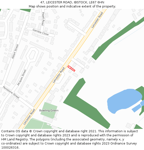 47, LEICESTER ROAD, IBSTOCK, LE67 6HN: Location map and indicative extent of plot