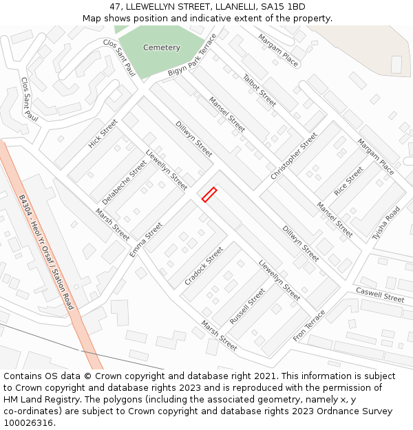 47, LLEWELLYN STREET, LLANELLI, SA15 1BD: Location map and indicative extent of plot