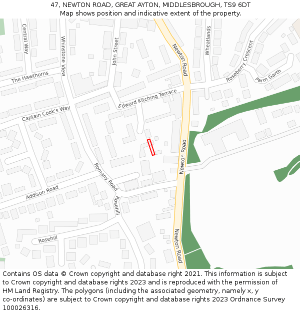 47, NEWTON ROAD, GREAT AYTON, MIDDLESBROUGH, TS9 6DT: Location map and indicative extent of plot