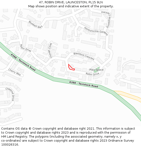 47, ROBIN DRIVE, LAUNCESTON, PL15 9LN: Location map and indicative extent of plot