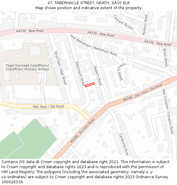 47, TABERNACLE STREET, NEATH, SA10 6UF: Location map and indicative extent of plot