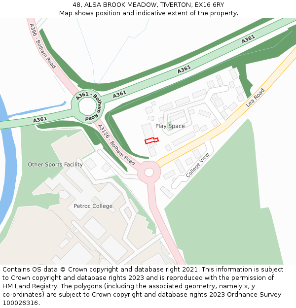 48, ALSA BROOK MEADOW, TIVERTON, EX16 6RY: Location map and indicative extent of plot