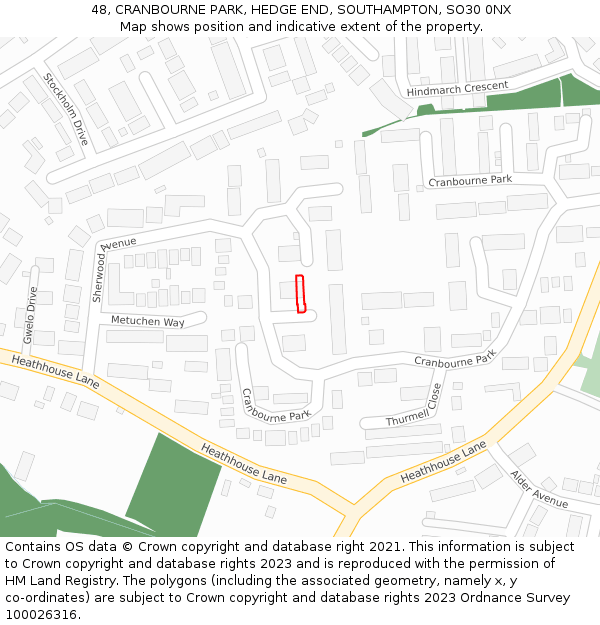 48, CRANBOURNE PARK, HEDGE END, SOUTHAMPTON, SO30 0NX: Location map and indicative extent of plot