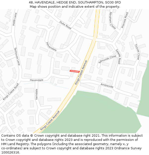 48, HAVENDALE, HEDGE END, SOUTHAMPTON, SO30 0FD: Location map and indicative extent of plot