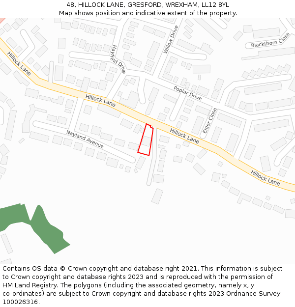 48, HILLOCK LANE, GRESFORD, WREXHAM, LL12 8YL: Location map and indicative extent of plot