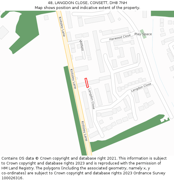 48, LANGDON CLOSE, CONSETT, DH8 7NH: Location map and indicative extent of plot