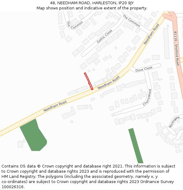 48, NEEDHAM ROAD, HARLESTON, IP20 9JY: Location map and indicative extent of plot