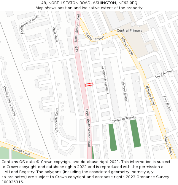 48, NORTH SEATON ROAD, ASHINGTON, NE63 0EQ: Location map and indicative extent of plot