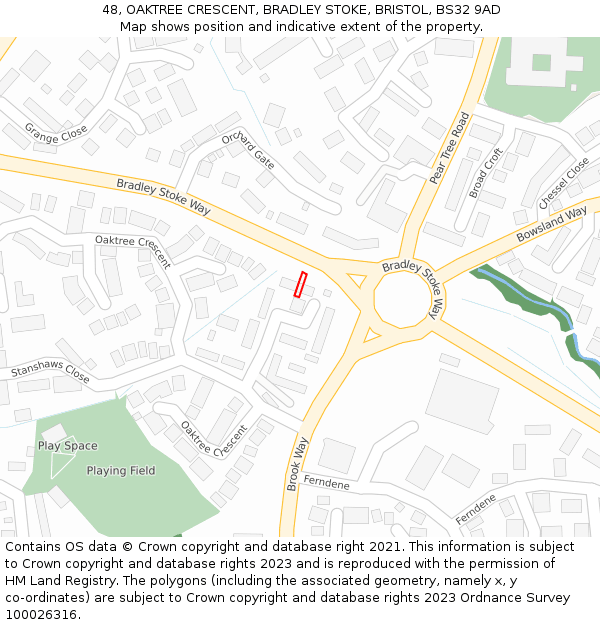 48, OAKTREE CRESCENT, BRADLEY STOKE, BRISTOL, BS32 9AD: Location map and indicative extent of plot