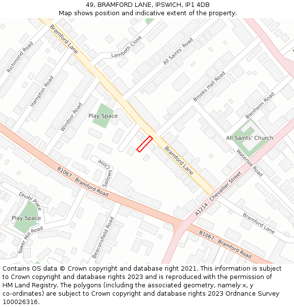 49, BRAMFORD LANE, IPSWICH, IP1 4DB: Location map and indicative extent of plot