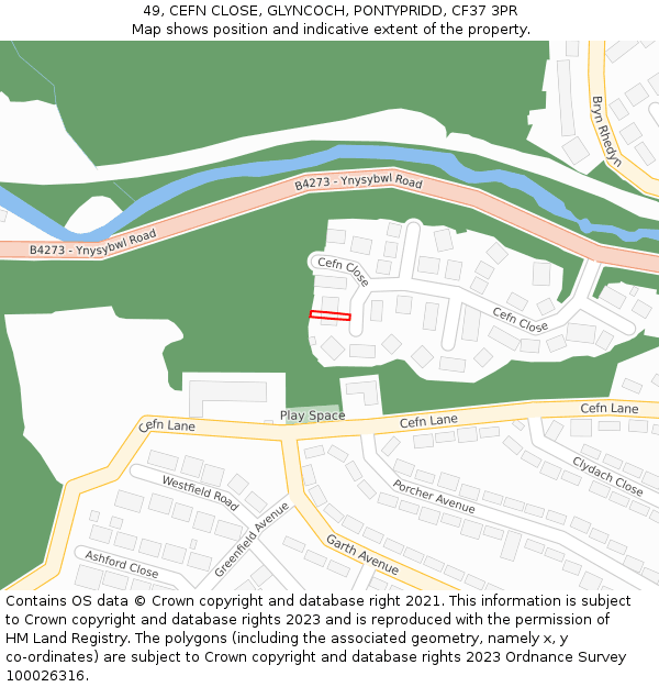 49, CEFN CLOSE, GLYNCOCH, PONTYPRIDD, CF37 3PR: Location map and indicative extent of plot