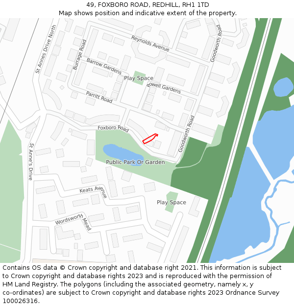 49, FOXBORO ROAD, REDHILL, RH1 1TD: Location map and indicative extent of plot