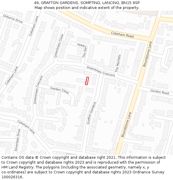 49, GRAFTON GARDENS, SOMPTING, LANCING, BN15 9SP: Location map and indicative extent of plot