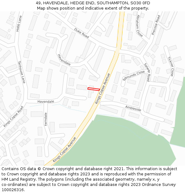 49, HAVENDALE, HEDGE END, SOUTHAMPTON, SO30 0FD: Location map and indicative extent of plot