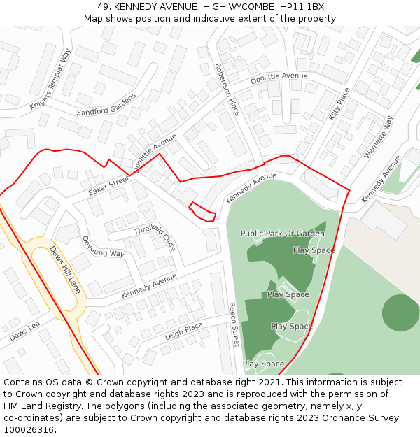 49, KENNEDY AVENUE, HIGH WYCOMBE, HP11 1BX: Location map and indicative extent of plot