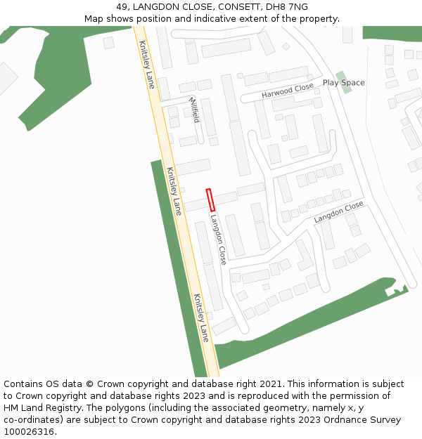 49, LANGDON CLOSE, CONSETT, DH8 7NG: Location map and indicative extent of plot