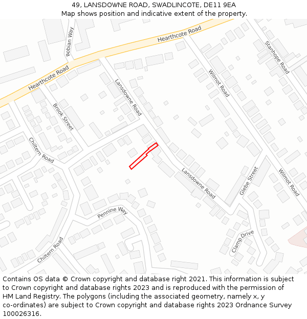 49, LANSDOWNE ROAD, SWADLINCOTE, DE11 9EA: Location map and indicative extent of plot