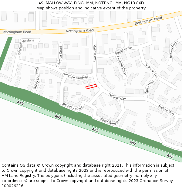 49, MALLOW WAY, BINGHAM, NOTTINGHAM, NG13 8XD: Location map and indicative extent of plot